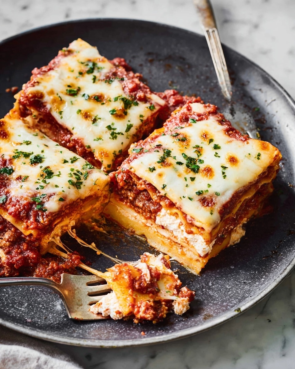 A close-up of three square pieces of baked lasagna on a dark gray plate, each piece showing multiple layers: the top layer is melted, golden-brown mozzarella cheese with small green herb bits, beneath it is a rich red tomato sauce layer spread unevenly with some bubbling spots, under that is a creamy white ricotta cheese layer, and finally a soft yellow pasta layer at the bottom. Some melted cheese stretches from one piece to the plate, and there is a small fork resting on the plate beside the lasagna with a bit of cheese and ricotta. The plate rests on a white marbled surface. photo taken with an iphone --ar 4:5 --v 7