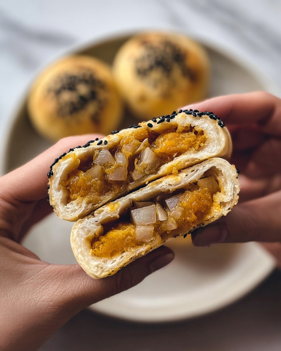 The image shows five golden-brown pan-fried buns with a slightly crispy texture, each topped with scattered black sesame seeds. Four buns lie flat on a white plate, and one bun is held above the plate by a pair of wooden chopsticks, showing its round shape and smooth surface. The buns have a soft and shiny appearance with small browned spots from frying, placed on a surface with a white marbled texture. photo taken with an iphone --ar 4:5 --v 7