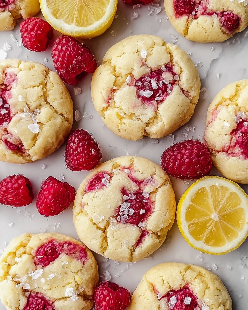The image shows several lemon cookies with bright red raspberries embedded in the dough, each cookie topped with large grains of sea salt that add texture. The cookies are pale yellow with a cracked surface, revealing the soft interior and juicy raspberries inside. Fresh whole raspberries and a half-cut lemon with yellow flesh are scattered among the cookies, all placed on a white marbled surface that makes the colors pop. The cookies and fruits are arranged closely, creating a fresh and inviting look. photo taken with an iphone --ar 4:5 --v 7