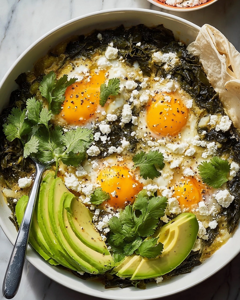 A white bowl filled with a layered dish starting with a base of dark green cooked leafy vegetables mixed with onions, topped with four sunny side up eggs showing bright yellow yolks and white edges. Crumbled white cheese is scattered evenly over the eggs and greens. Two sliced avocado fans, bright green with a smooth texture, are placed on opposite sides of the bowl. Fresh green cilantro leaves with delicate stems are sprinkled on top. On one side, a folded white tortilla is partially dipped into the food. A silver spoon rests inside the bowl on the left side. The background is a white marbled texture. Photo taken with an iphone --ar 4:5 --v 7