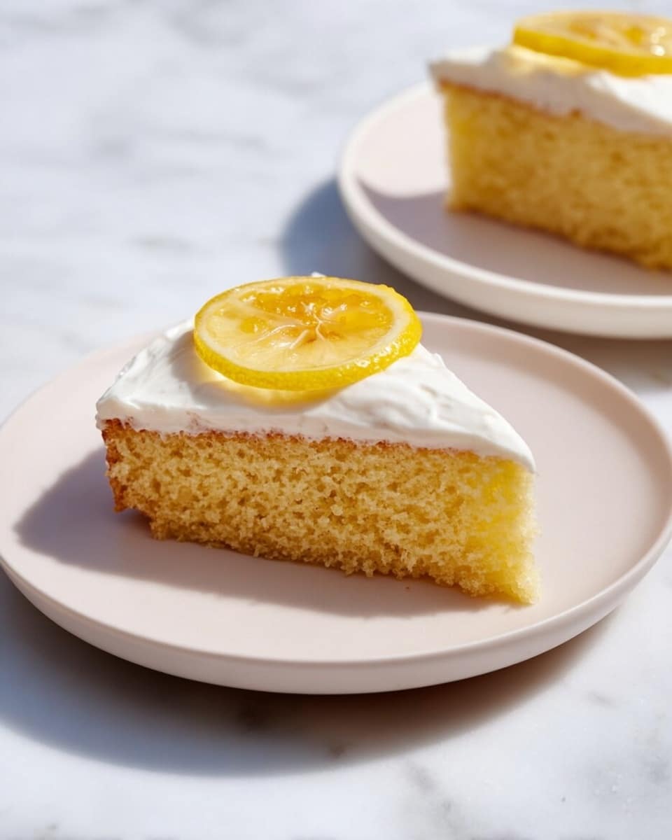 A single slice of yellow cake with a moist and spongy texture forms the base layer, topped with a smooth, thick layer of white frosting spread evenly over the top surface. On top of the frosting sits a translucent, glossy round slice of candied lemon, centered neatly. The cake slice is placed on a white plate with a simple, clean design, set against a white marbled textured surface. In the background, there is a second similar cake slice on another white plate, slightly out of focus. photo taken with an iphone --ar 4:5 --v 7
