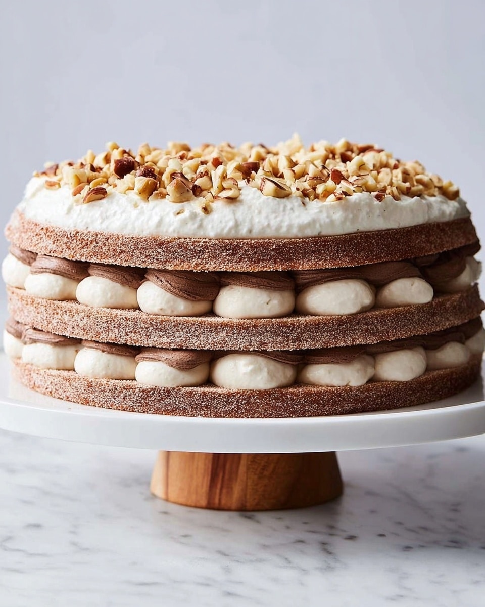 A three-layer cake sits on a white cake stand with a wooden base, placed on a white marbled surface. Each layer is a thin, slightly rough-textured brown cake. Between the bottom and middle layers, there are alternating dollops of light brown chocolate cream and smooth white cream. Between the middle and top layers, the same pattern of chocolate and white cream dollops is visible. The top layer is covered with a thick, fluffy white cream spread unevenly, and it is topped with a scattering of chopped light brown nuts. The background is a soft, neutral grayish tone. photo taken with an iphone --ar 4:5 --v 7
