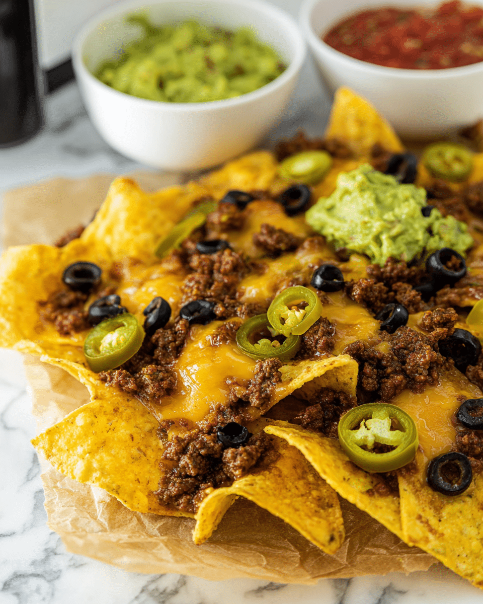 A close-up of loaded nachos arranged on light brown parchment paper, showing one layer of crispy yellow corn chips topped with melted orange cheddar cheese, scattered small crumbles of cooked ground beef, thinly sliced black olives, and green jalapeño rings. A dollop of light green guacamole sits on top near the center, adding contrast. In the background, two white bowls are slightly blurred, one filled with chunky green guacamole and the other with red salsa. The surface underneath is a white marbled texture. photo taken with an iphone --ar 4:5 --v 7