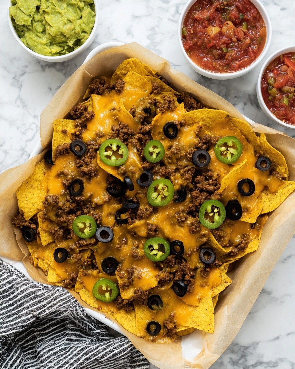 A white square container lined with light brown parchment paper holds a layered pile of yellow corn tortilla chips covered with melted orange cheddar cheese, small brown cooked ground beef pieces, round slices of green jalapeño peppers, and black olive rings evenly spread on top. Nearby, there are white round bowls, one filled with bright green guacamole and another with red salsa containing visible chunks and seeds, all placed on a white marbled surface. A striped black and white cloth is partially visible at the bottom edge of the image. photo taken with an iphone --ar 4:5 --v 7
