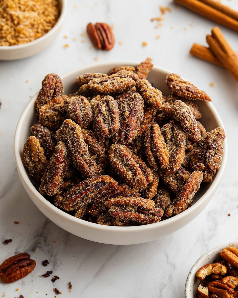 A white bowl filled with many crunchy candied pecans coated in a grainy sugar and spice mixture, showing a rough texture and mostly brown color with darker pecan stripes, placed on a white marbled surface. Around the bowl, there are a few whole pecans and two sticks of cinnamon adding a warm brown tone, while a small white bowl with plain pecans is partly visible in the corner at the bottom right. The overall look is cozy and inviting with a focus on the sugary coating on the pecans. photo taken with an iphone --ar 4:5 --v 7