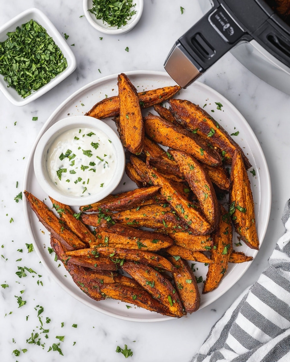 A white round plate filled with two layers of dark orange-brown sweet potato wedges that look crispy on the outside, sprinkled with chopped green herbs on top. A small white round bowl of creamy white sauce with green herb pieces rests on the left side of the plate. Around the plate, some herbs are scattered lightly on a white marbled surface, next to a white square bowl filled with chopped green herbs and the edge of an air fryer basket with a black handle. A striped cloth napkin is placed towards the bottom right corner. photo taken with an iphone --ar 4:5 --v 7