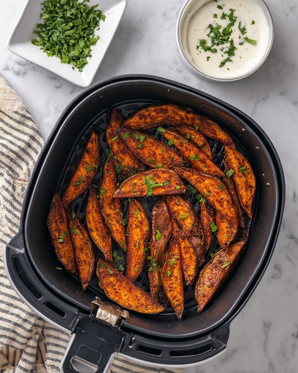 The image shows a black air fryer basket filled with one layer of dark reddish-orange sweet potato wedges, seasoned with spices and sprinkled with small pieces of fresh green herbs. To the top right of the air fryer basket, there is a small white bowl with a creamy white dipping sauce topped with chopped green herbs. At the top left, a white square dish holds finely chopped fresh green herbs. The whole scene sits on a white marbled surface with a striped cloth partially visible at the bottom left corner. Photo taken with an iphone --ar 4:5 --v 7