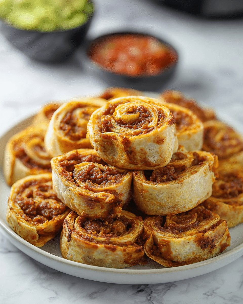 The image shows a stack of around nine golden-brown pinwheel snacks on a round white plate, each piece made of a rolled flatbread filled with a cooked, crumbly meat mixture and slightly browned edges. The pinwheels have a spiral shape with visible layers of dough and the seasoned meat inside, with the outer dough layer having a light, flaky texture. In the background, there are blurred small bowls—one filled with green guacamole and another with red salsa—both sitting on a white marbled surface. Photo taken with an iphone --ar 4:5 --v 7