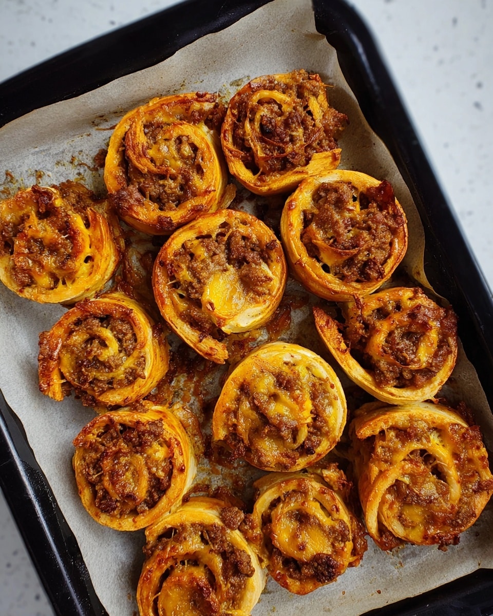 A baking tray lined with light beige parchment paper holds twelve small spiral rolls arranged close together. Each roll has two visible layers: a golden brown outer dough layer that is soft and slightly crispy at the edges, and an inner filling layer that is a mix of browned ground meat, melted cheese with orange and yellow hues, and some darker baked spots. The rolls vary slightly in size and shape but all have a rustic, homemade look with gooey melted cheese and meat filling oozing slightly onto the parchment. The tray is set against a white marbled texture surface. photo taken with an iphone --ar 4:5 --v 7