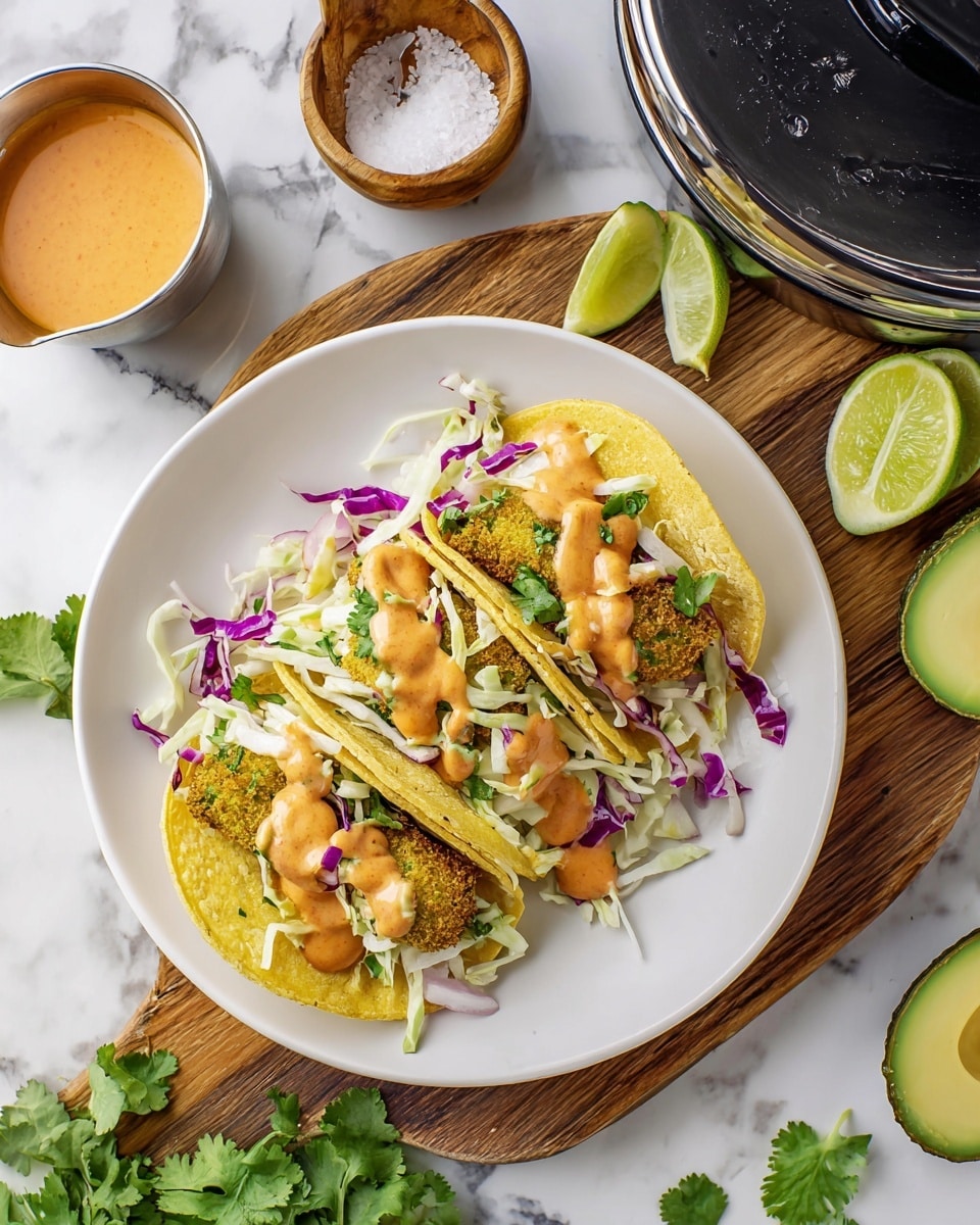 Three tacos are arranged side by side on a white plate resting on a wooden board. Each taco has a soft yellow corn tortilla base filled with a crispy green-flecked fried layer of vegetable, likely avocado, followed by a fresh layer of shredded white cabbage mixed with small bits of cilantro and thin slices of bright purple onion. On top, an orange creamy sauce is drizzled over the veggies, giving a smooth texture that contrasts with the crunchy taco filling. A couple of lime wedges with bright green skin and pale green flesh lie to the side of the tacos. There are additional elements around the plate, like a wooden bowl of coarse salt with a small wooden scoop, a small metal cup of the same orange sauce, an avocado half with a smooth inside, and some scattered bright green cilantro leaves, all placed on a white marbled surface. photo taken with an iphone --ar 4:5 --v 7