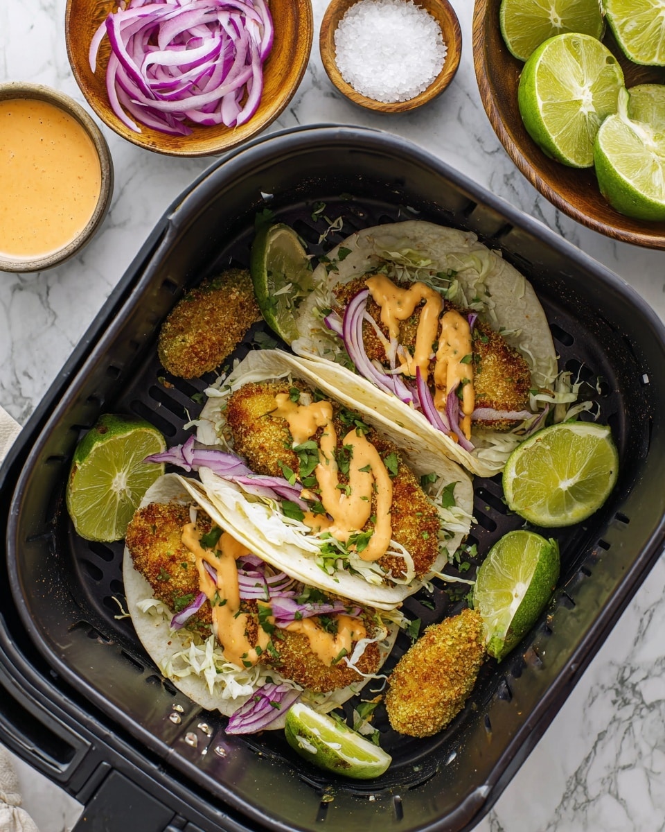 The image shows an air fryer basket filled with three small tacos placed side by side. Each taco has a soft white tortilla base, filled with a crispy golden-brown breaded avocado slice as the main layer. On top, there are thin purple slices of red onion, and shredded white cabbage mixed with small green cilantro leaves. A thick creamy orange sauce is drizzled over the top of each taco. Around the tacos inside the air fryer basket, there are extra breaded avocado pieces and several lime wedges with bright green inner flesh. The basket rests on a white marbled surface, with bowls containing coarse white salt, the orange sauce, and sliced red onions nearby. photo taken with an iphone --ar 4:5 --v 7