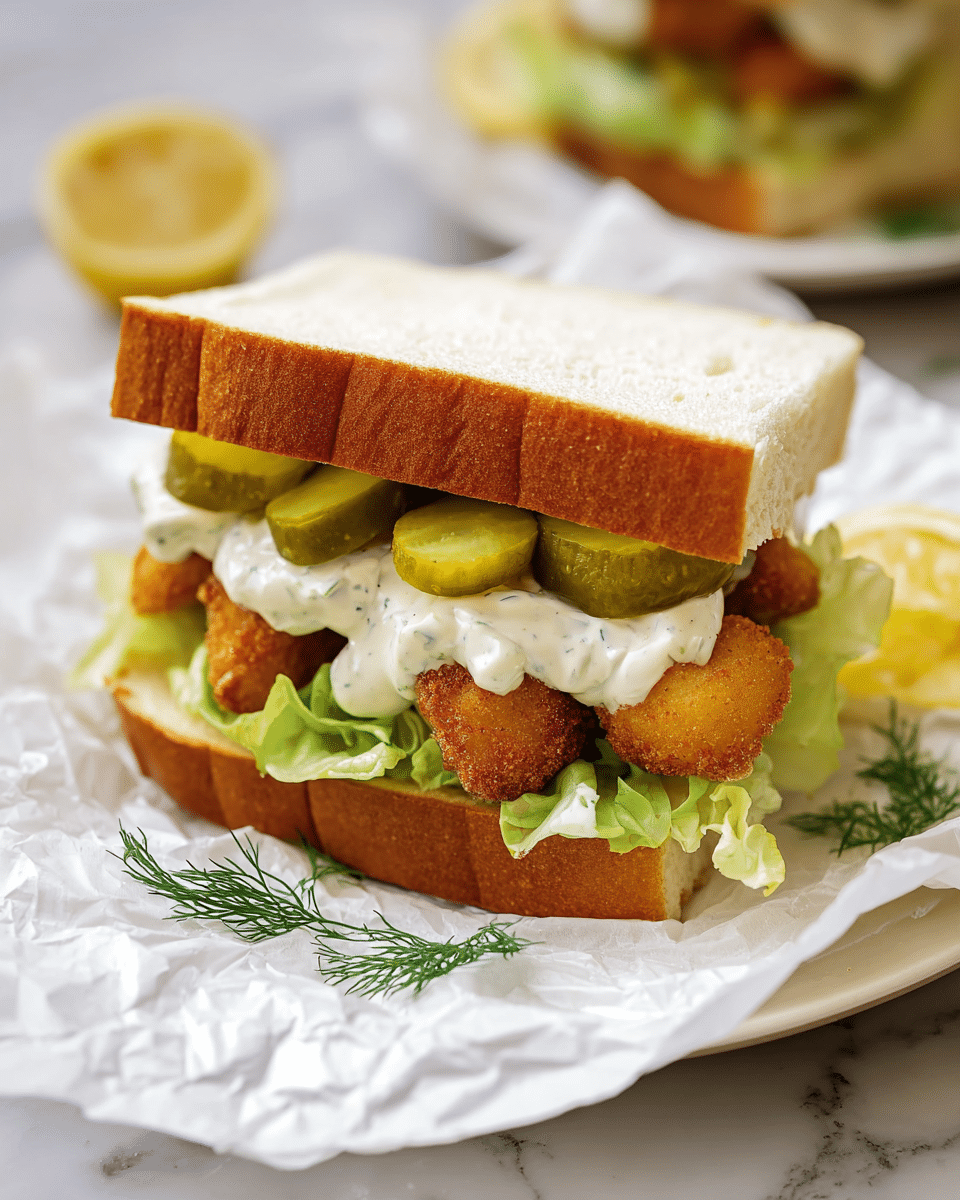 A sandwich on white sandwich bread with a thick crust, layered with green lettuce leaves at the bottom, followed by several golden-brown crispy fried pieces that look like shrimp or chicken nuggets. On top of these are thick green pickle slices covered with a creamy white sauce with visible herbs, all topped by another slice of white sandwich bread. The sandwich is placed on crumpled white wax paper on a white plate with a white marbled surface underneath. Small sprigs of dill lie around the plate, and lemon wedges peek out from behind the sandwich. Photo taken with an iphone --ar 4:5 --v 7