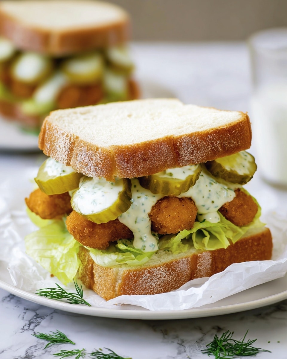 A sandwich with three layers of white bread, each slice showing a light brown crust dusted with flour. The bottom layer has a bed of light green lettuce leaves with a crisp texture. Above the lettuce, three golden-brown crispy fish sticks are placed side by side, showing a crunchy breaded surface. On top of the fish sticks, there are three thick slices of green pickles coated with a glossy creamy white sauce with visible small green flecks, likely herbs. The sandwich is served on white paper over a white plate, with a few small green dill sprigs scattered on the white marbled surface around the plate. Photo taken with an iphone --ar 4:5 --v 7