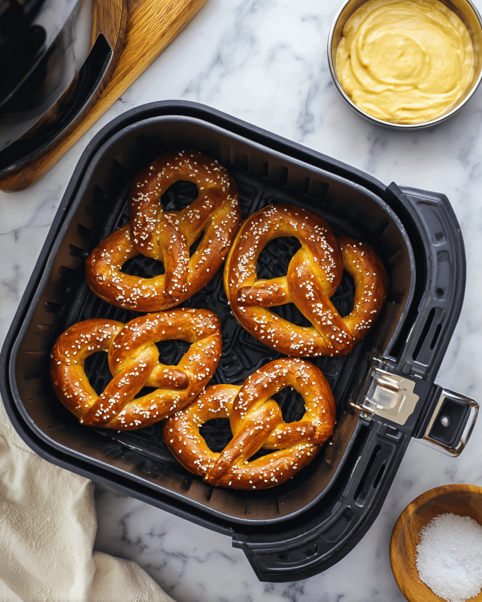 The image shows four golden brown pretzels sprinkled with coarse salt inside a black air fryer basket. The pretzels have a shiny, smooth crust and are arranged neatly in the basket, filling most of the space with their twisted shapes. To the right of the basket is a small metal bowl filled with creamy yellow mustard, placed on a white marbled surface. Part of a wooden bowl with salt is also visible at the bottom right corner. A white cloth is placed near the mustard bowl, and part of a wooden board is shown in the top left corner. Photo taken with an iphone --ar 4:5 --v 7