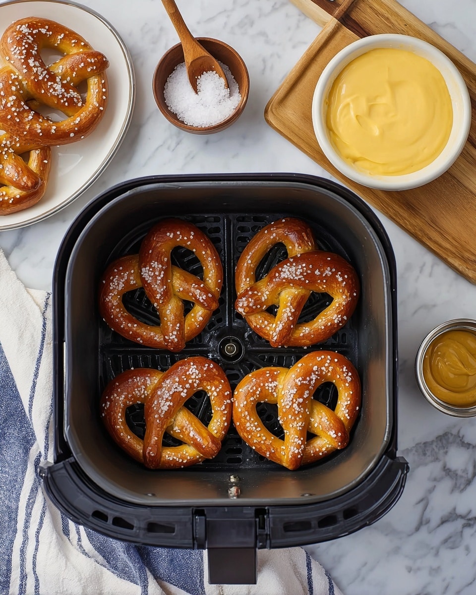 Four golden-brown pretzels with coarse salt sprinkled on top lie inside a black air fryer basket, each showing a twisted, knot-like shape with a smooth texture and shiny surface. To the left, there is a white plate holding two more soft pretzels, and above it, a wooden bowl filled with coarse salt and a small wooden spoon. On the right, a wooden board holds a white bowl filled with creamy, bright yellow cheese sauce and, below it, a small metal container with a golden-brown mustard sauce. All items rest on a white marbled surface with a white and blue striped cloth nearby. Photo taken with an iphone --ar 4:5 --v 7