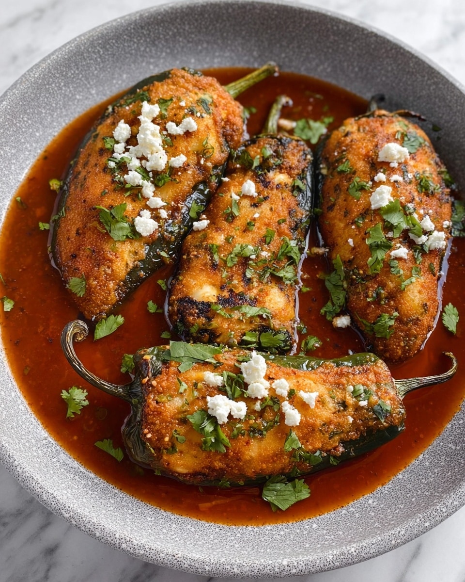 The image shows three stuffed and fried poblano peppers with a golden-brown crispy coating, each resting in a shallow pool of rich reddish-brown sauce on a white plate with a stone-like texture. The peppers are garnished with small white crumbles of cheese and scattered fresh green cilantro leaves, adding color contrast. The surface they sit on is a white marbled texture, and the peppers are arranged side by side, filling the plate. photo taken with an iphone --ar 4:5 --v 7