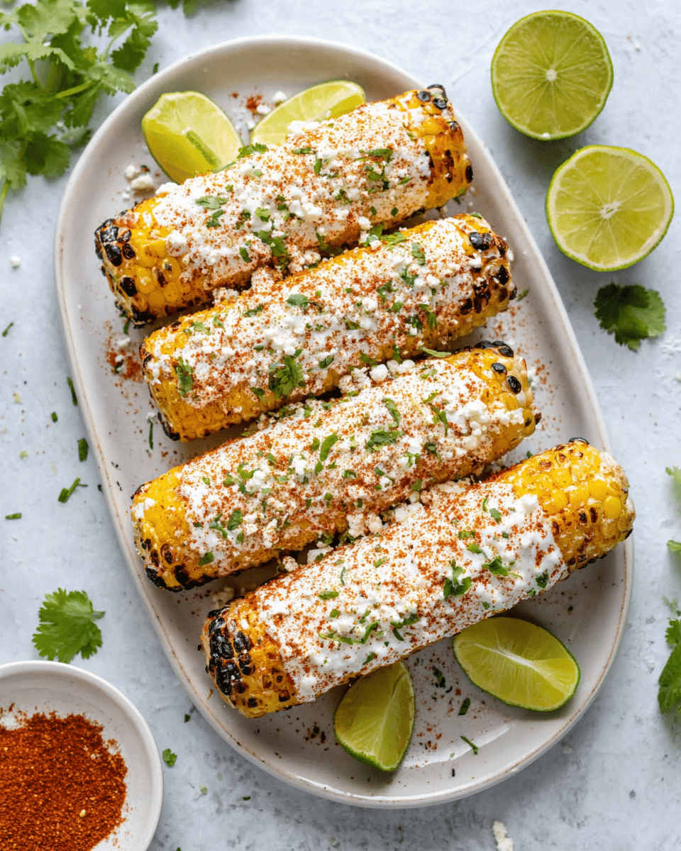 Four ears of grilled corn are placed side by side on a long white oval plate. Each ear is coated with a layer of white creamy sauce and sprinkled with crumbly white cheese and green chopped herbs. A light dusting of reddish-brown spice is scattered evenly over the sauce and cheese. The golden yellow corn beneath is slightly charred in spots, showing some blackened kernels. Around the plate, halves and wedges of bright green lime are placed. The plate is set on a white marbled surface with some cilantro leaves and a small white bowl filled with the same reddish-brown spice visible nearby. photo taken with an iphone --ar 4:5 --v 7