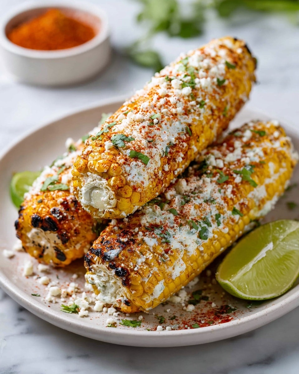 Three grilled corn on the cobs are stacked on a white plate, each coated with a creamy layer and sprinkled with red chili powder, white crumbled cheese, and finely chopped green herbs. The corn kernels are a mix of golden yellow with some charred dark brown spots. A wedge of lime and some green herb leaves are placed beside the cobs on the plate. The plate sits on a white marbled surface with a small white bowl of red chili powder blurred in the background. Photo taken with an iphone --ar 4:5 --v 7