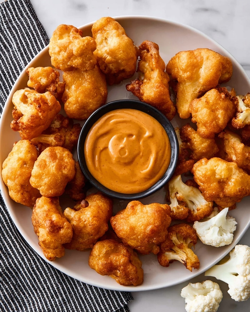 A white plate holds around fifteen golden-brown, crispy fried cauliflower fritters, each with a rough, bumpy texture and irregular shapes. In the middle of the plate is a small black bowl filled with smooth, thick orange dipping sauce that has a slight swirl on top. The plate sits on a white marbled surface with a black and white striped cloth slightly visible below it, and two small white raw cauliflower florets are placed near the bottom right corner of the image. photo taken with an iphone --ar 4:5 --v 7