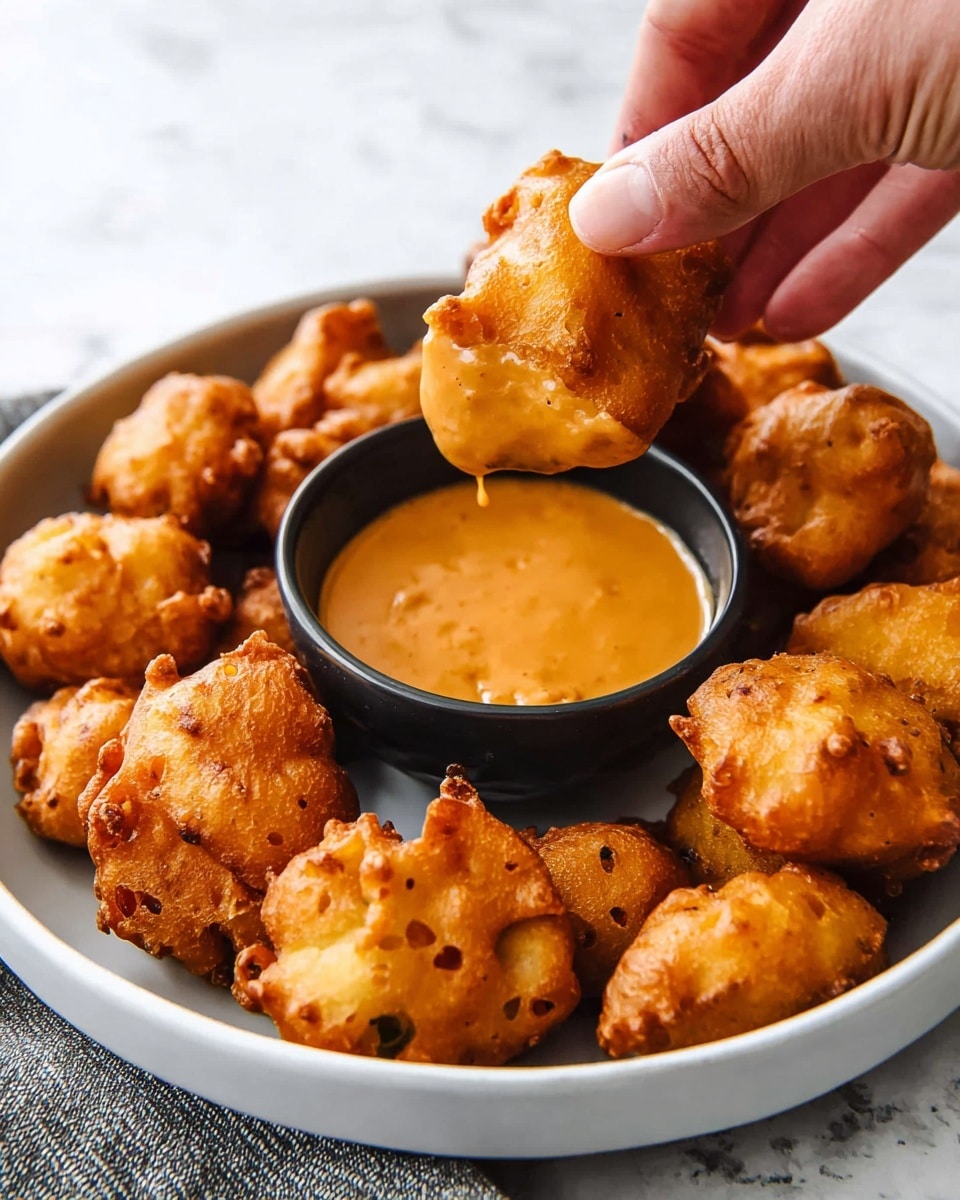 A white bowl holds many golden brown crispy fritters with rough, uneven textures, some showing small holes and a crunchy surface. In the middle of the bowl sits a small black cup filled with smooth, creamy orange dipping sauce. A woman's hand is lifting one of the fritters and dipping it halfway into the sauce, with the sauce coating the lower part of the fritter. The background is a white marbled texture. photo taken with an iphone --ar 4:5 --v 7