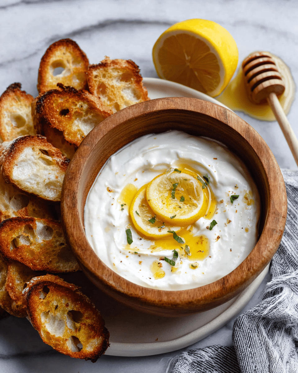The image shows a wooden bowl filled with creamy white yogurt that has a smooth texture. On top of the yogurt, there are bright yellow lemon slices and a drizzle of honey, creating a glossy look. Small green herb leaves are scattered over the yogurt, adding hints of green. The bowl sits on a white plate that holds several golden-brown toasted bread slices with a crispy texture and holes. Next to the plate is a honey dipper with some honey on it and a half lemon with a vibrant yellow color. The whole scene is set on a white marbled surface with a gray and white striped cloth nearby. Photo taken with an iphone --ar 4:5 --v 7