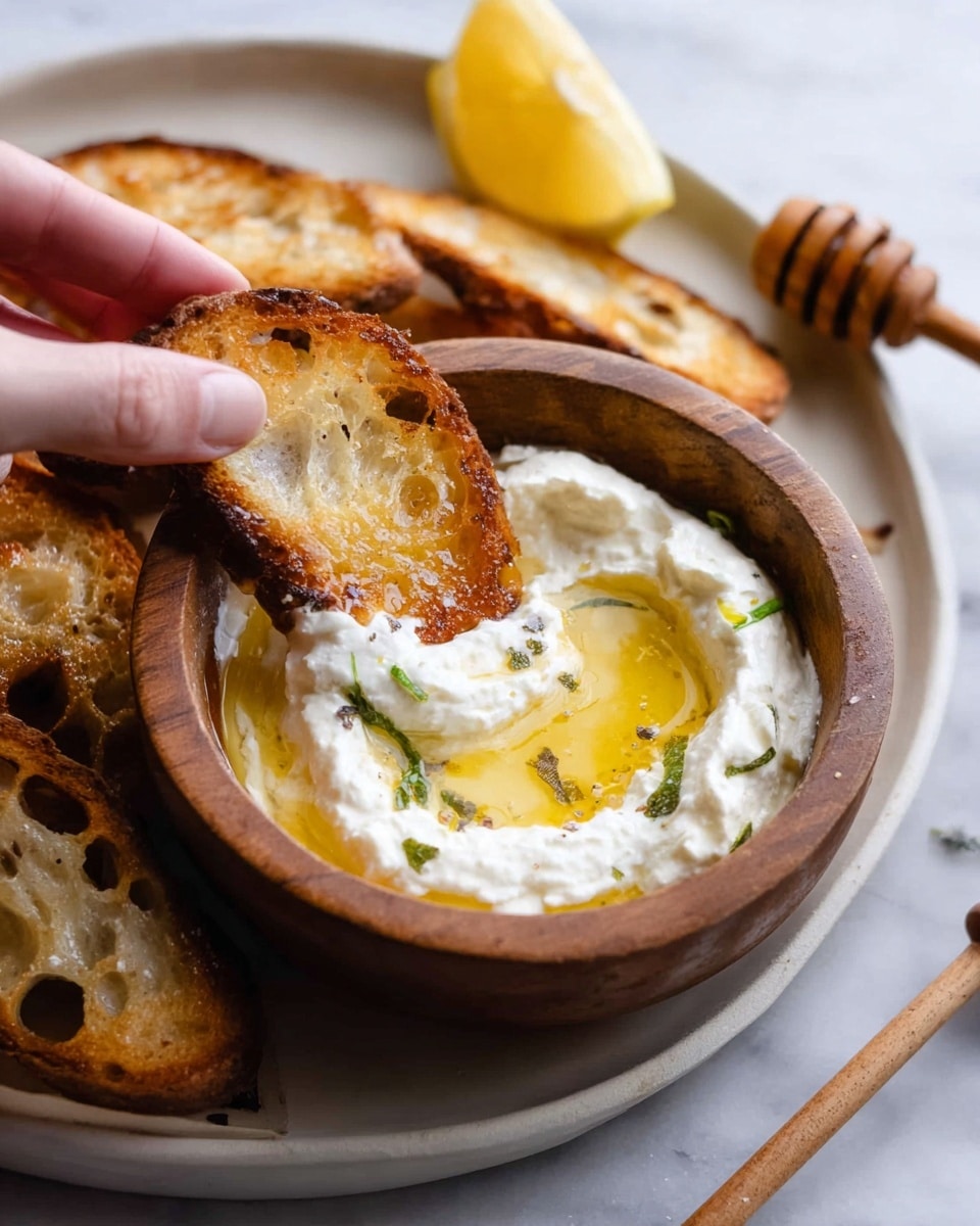 A small wooden bowl sits on a white marbled surface, filled with a creamy white spread topped with a drizzle of golden honey and a small lemon wedge resting on the surface, along with tiny green herb flecks. A toasted, golden-brown thin bread slice is being dipped into the spread by a woman's hand. More toasted bread slices, with a crispy texture and some holes, are on a white plate behind the bowl. Nearby, a wooden honey dipper lies on the surface with a cut lemon half in the top right corner. The colors are warm and natural, highlighting the creamy texture and the crispiness of the bread. photo taken with an iphone --ar 4:5 --v 7