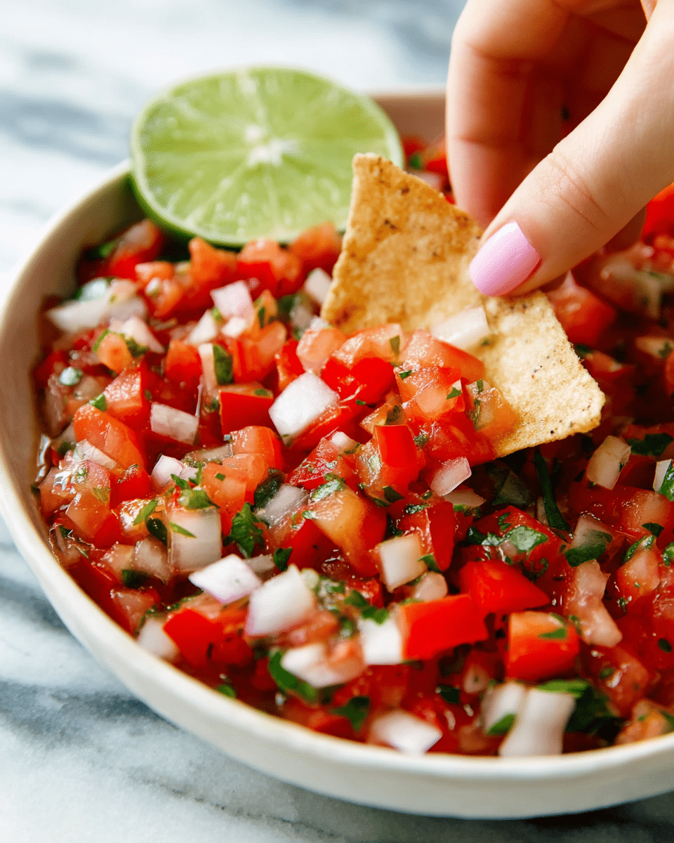 A close-up view of a bowl filled with freshly made salsa, featuring a mix of finely chopped red tomatoes, white onions, and green cilantro evenly spread throughout. On one side, several golden brown, crisp tortilla chips are partially inserted into the salsa, with two lime wedges and a small bunch of fresh cilantro leaves placed on top near the chips. The bowl is set on a soft, white cloth with narrow dark blue stripes, all placed on a white marbled surface. photo taken with an iphone --ar 4:5 --v 7