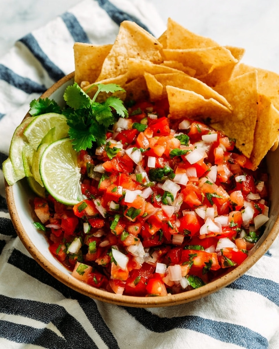 A close-up view of a white bowl filled with chunky salsa consisting of chopped red tomatoes, white onions, and green herbs, all mixed together showing a fresh, vibrant texture. A slice of lime with a bright green outer peel and pale green inside is placed on the edge of the bowl, adding contrast. From the top right corner, a woman's hand with light pink nail polish is picking up a light brown, crispy tortilla chip partially dipped into the salsa, with the rough texture of the chip clearly visible. The bowl sits on a white marbled surface, enhancing the fresh, colorful look of the scene. photo taken with an iphone --ar 4:5 --v 7