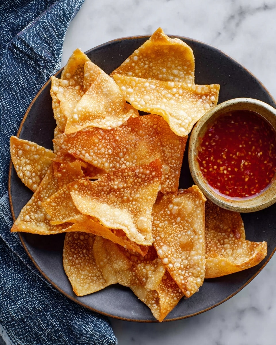 A close-up of a golden, crispy chip held by a woman's hand dipping into a small white bowl filled with shiny red sweet and sour sauce. The chip has a bubbly texture and is partially coated with the glossy, smooth sauce. Around the bowl, there are more chips resting on a white marbled surface, showing a mix of folded and flat shapes with the same crispy texture. In the background, a white bowl filled with chips is slightly out of focus. photo taken with an iphone --ar 4:5 --v 7