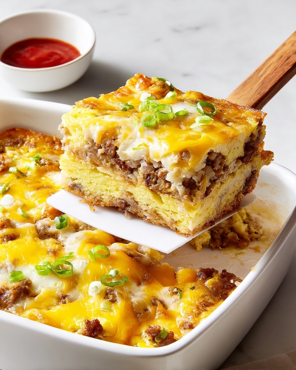 A white spatula lifting a square piece of a layered casserole from a white dish sitting on a white marbled texture. The casserole has three main visible layers: a golden brown bottom crust with bits of cooked sausage, a thick middle layer of creamy yellow eggs mixed with browned sausage, and a top layer of melted yellow and white cheese with some small green slices of scallions sprinkled for color. In the background, a small white bowl holds red sauce. Photo taken with an iphone --ar 4:5 --v 7