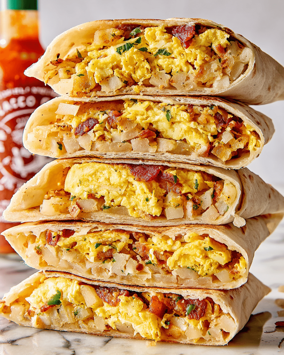 Four pieces of a folded burrito are stacked on a white marbled surface. Each piece shows three layers inside: a crispy golden brown tortilla on the outside, a middle layer of light yellow scrambled eggs mixed with bits of pinkish ham, and a bottom layer of soft, pale beige hash browns with small green herbs. Some red sauce is drizzled on the top burrito piece. A clear bottle of red hot sauce is placed nearby on the left side. The texture of the tortillas is slightly toasted with darker brown spots on the surface. photo taken with an iphone --ar 4:5 --v 7