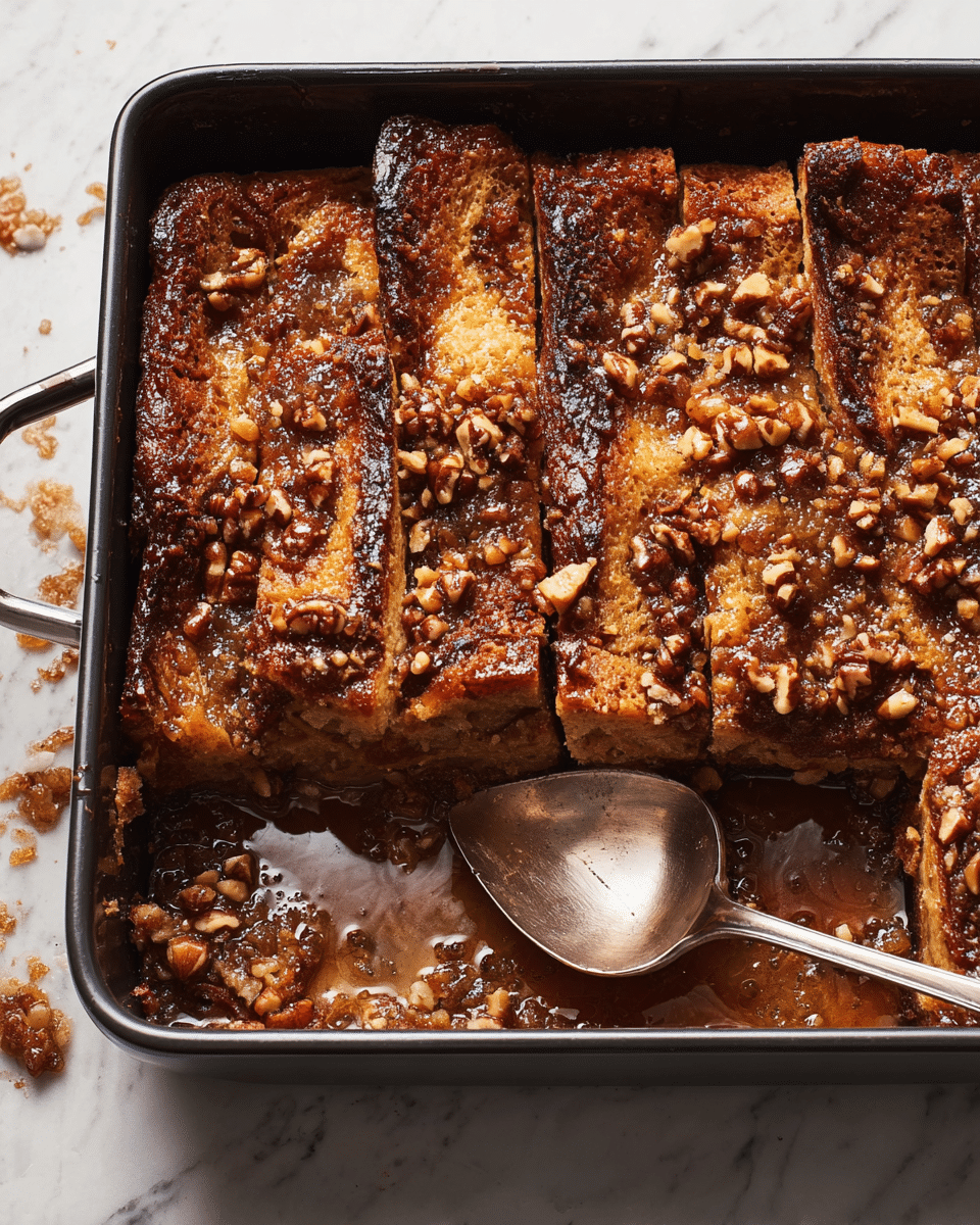 The image shows a baked bread pudding in a black baking dish with a metal spoon resting inside on the right side. The bread pudding has about three layers made of toasted golden-brown bread strips, which are soaked in a thick, sticky brown syrup that glistens on the surface. The top is covered with a crunchy layer of chopped nuts that add texture and a darker brown color contrast. The edges of the bread are slightly caramelized, giving a mix of darker brown and amber tones. The dish is placed on a white marbled surface with some crumbs scattered around. Photo taken with an iphone --ar 4:5 --v 7