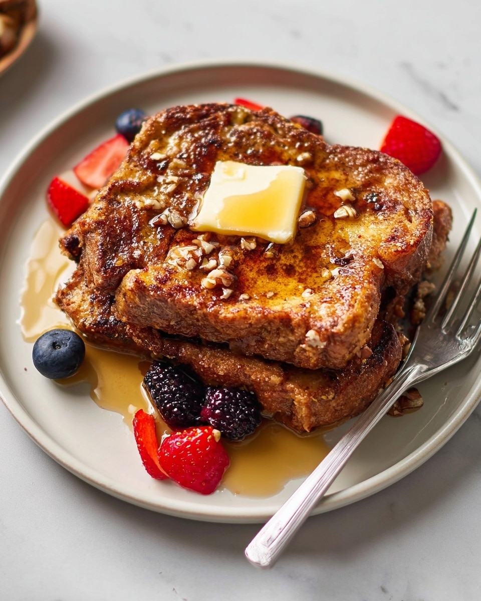 A close-up of two thick slices of brown French toast stacked slightly off-center on a white plate, with a melting pat of yellow butter on top. The French toast is textured with small pieces of nuts and a syrup glaze that makes it shiny. Around the edges, there are small pieces of red strawberries, deep blue blueberries, and a single dark blackberry, adding pops of color. A metal fork rests on the right side of the plate. The whole scene sits on a white marbled surface. Photo taken with an iphone --ar 4:5 --v 7