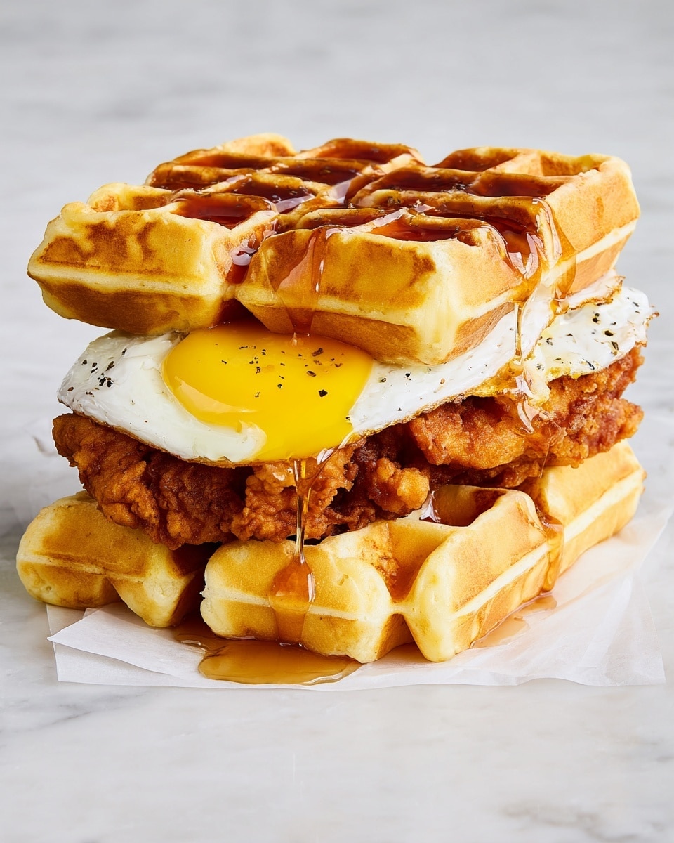 The image shows a sandwich made with two thick, golden waffles as the top and bottom layers. Between the waffles, there is a crispy fried chicken piece with a crunchy, golden-brown texture. Above the chicken, a fried egg with a slightly crispy edge and a bright yellow yolk that is slightly runny is visible. Golden syrup is dripping down from the top waffle, running over the egg and chicken, adding a glossy shine. The sandwich sits on white parchment paper on a white marbled surface. photo taken with an iphone --ar 4:5 --v 7