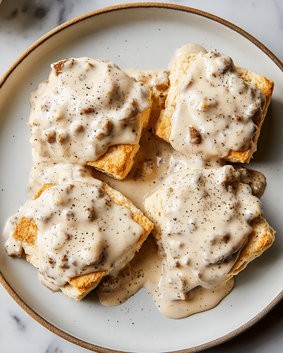 The image shows four square biscuits on a round white plate, each covered with thick, creamy white gravy that has visible small meat chunks and is speckled with coarse black pepper. The biscuits have a soft, slightly crumbly texture with a light golden-brown crust. The gravy is slightly overflowing and spreading on the plate's surface. The background is a white marbled texture. photo taken with an iphone --ar 4:5 --v 7