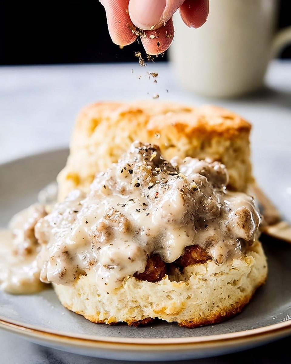 A close-up of an open biscuit sandwich with two visible layers: the bottom layer is a pale, flaky biscuit with a golden crust, topped with thick, creamy sausage gravy that is light beige with chunks of browned sausage throughout and specks of black pepper on top. The biscuit top is placed leaning behind the gravy-covered biscuit base. A woman's hand is sprinkling fresh cracked black pepper onto the gravy from above. The dish is on a white plate set against a white marbled surface. photo taken with an iphone --ar 4:5 --v 7