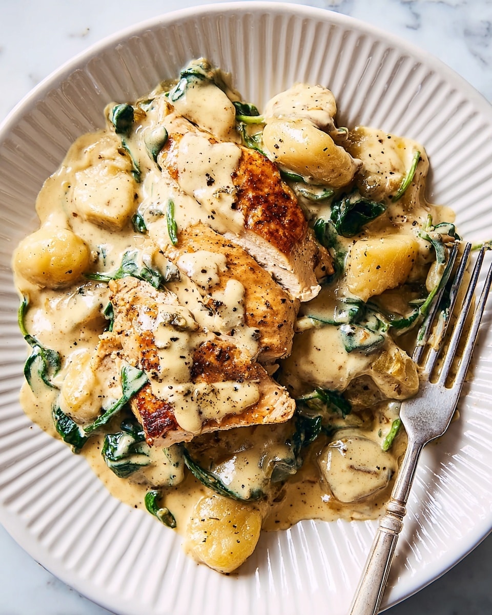 The dish shows a white plate with ridged edges filled with creamy sauce layered with pieces of browned chicken breast on top. There are chunky pieces of gnocchi mixed in with wilted green spinach leaves, all covered in a thick yellowish-beige sauce with black pepper sprinkled over. A silver fork rests on the side of the plate, touching some of the sauce and food. The background is a white marbled texture. photo taken with an iphone --ar 4:5 --v 7