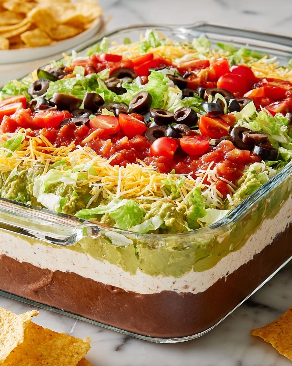 A clear glass rectangular dish shows a layered dip with five distinct layers. The bottom layer is dark brown and smooth, likely refried beans. Above that is a light cream layer, smooth and thick, possibly sour cream mixed with spices. The middle layer is bright green and textured, likely chunky guacamole. Next is a layer of shredded yellow and white cheese mixed together, spread evenly. The top layer has red salsa scattered over shredded cheese, along with chopped green lettuce, halved red cherry tomatoes, and sliced black olives. The dish sits on a white marbled surface, and some yellow tortilla chips are near the dish’s corner. photo taken with an iphone --ar 4:5 --v 7