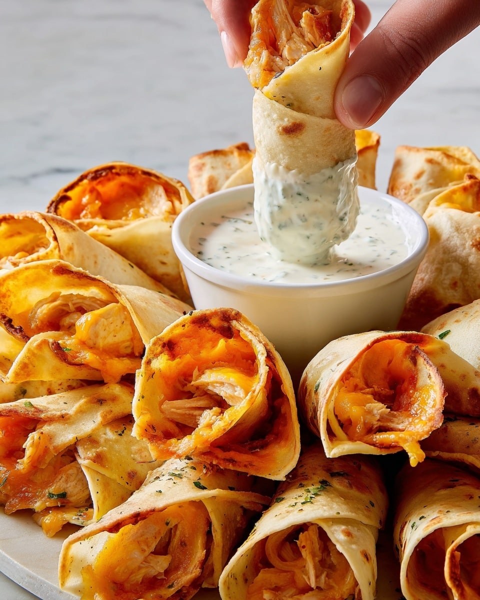 A white plate holds rolled golden-brown crispy tortillas filled with melted orange cheddar cheese. The tortillas are arranged like a ring around a small white bowl of creamy, white ranch dip speckled with green herbs. The outer edges of the tortillas are slightly browned and crunchy, with some cheese melted and browned on the surface. The plate sits on a white marbled textured surface. photo taken with an iphone --ar 4:5 --v 7