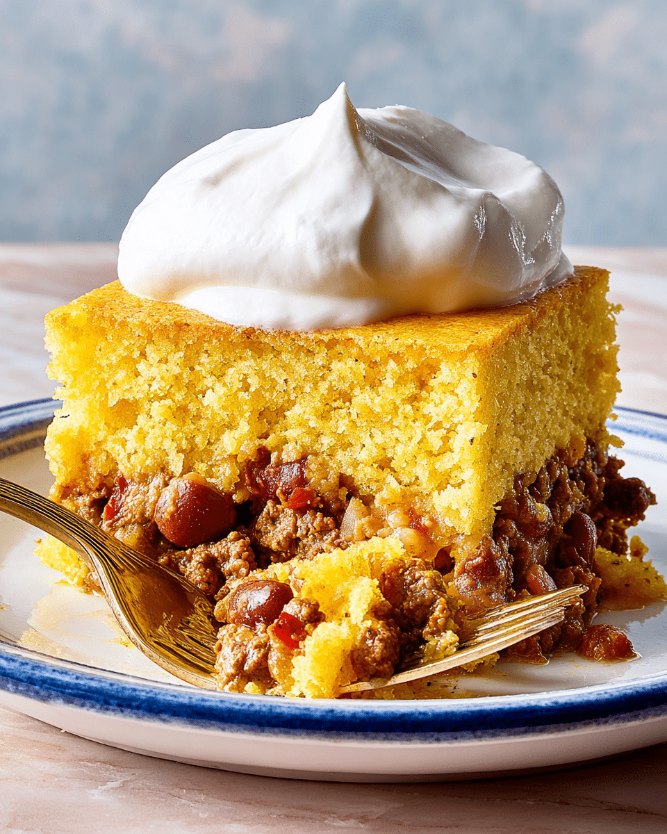 A thick square piece of cornbread layered with a middle filling of cooked ground beef mixed with beans and small bits of red and green peppers, showing a moist and crumbly texture. The top layer of cornbread is fluffy and golden yellow, crowned with a large dollop of smooth, white sour cream. The piece is placed on a white plate with blue rim details, and a fork is gently cutting into the lower left corner, revealing the filling in close detail. The background is a soft blend of muted colors on a white marbled surface. photo taken with an iphone --ar 4:5 --v 7