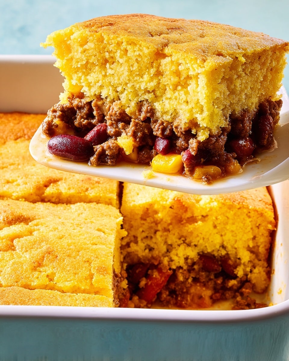 The image shows a close-up of a square white baking dish with a golden yellow cornbread casserole inside, cut into pieces. A white spatula lifts one piece, revealing two layers: a top and bottom layer of moist, crumbly cornbread with a rough texture and a light golden crust, sandwiching a middle layer of rich, cooked ground beef mixed with dark red beans and tomato chunks. The spatula and casserole sit against a light blue background, and the cornbread’s color and texture contrast with the savory meat filling. Photo taken with an iphone --ar 4:5 --v 7