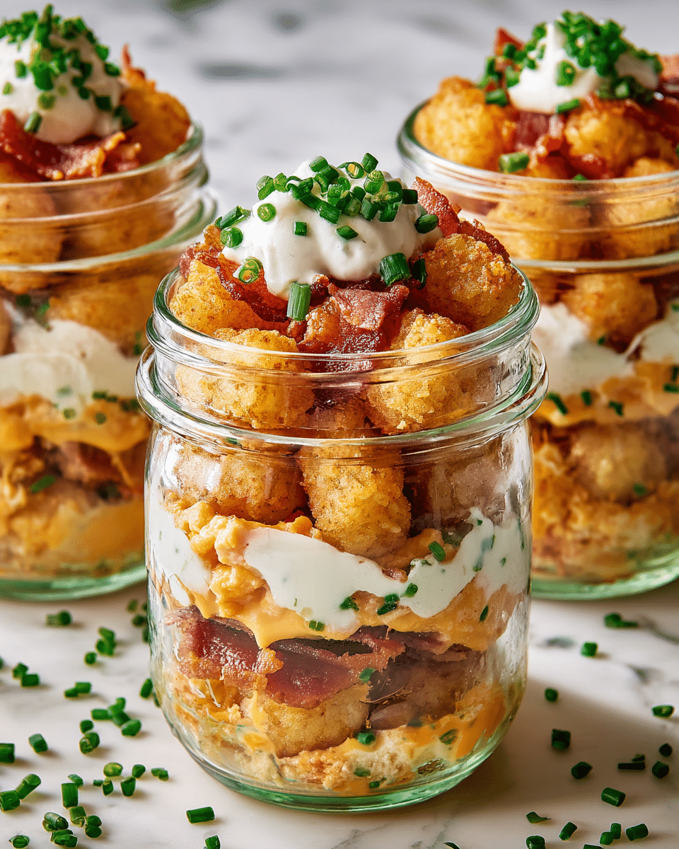 The image shows a clear glass jar filled with layers of golden brown crispy tater tots, creamy orange cheese sauce, bits of cooked bacon, and dollops of white sour cream with green chopped chives sprinkled on top and between layers, creating a textured and colorful mix. Each jar has multiple layers starting with sour cream at the bottom, followed by tater tots and bacon, then cheese sauce, more tater tots, another dollop of sour cream on top, and finished with fresh chives. The jars are placed on a white marbled surface with scattered chives around, highlighting the vibrant colors and textures of the food. photo taken with an iphone --ar 4:5 --v 7