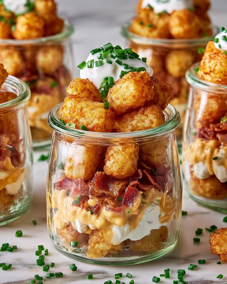 The image shows a glass jar filled with several layers starting at the bottom with crispy golden-brown tater tots, followed by a layer of creamy pale orange cheese sauce mixed with small pieces of crispy bacon, then another layer of tater tots, topped with a dollop of white sour cream garnished with bright green chopped chives. The jar is placed on a white marbled surface scattered with chive pieces. In the background, more jars with the same layered snack are visible, creating a colorful and textured presentation. Photo taken with an iphone --ar 4:5 --v 7