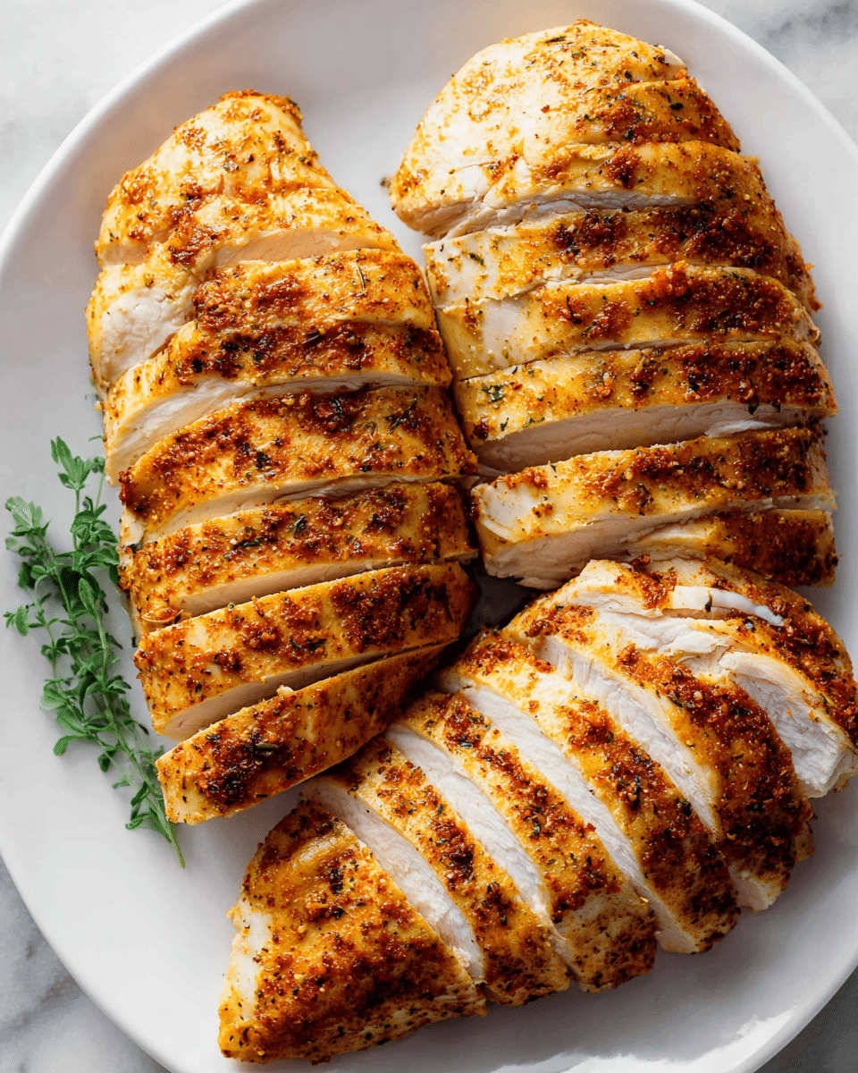 A white plate holds four large chicken breasts, each sliced into multiple even pieces. The chicken has a golden-brown crust with visible spices and herbs, giving it a slightly rough texture. The inside of the slices reveals tender, white meat. The chicken is arranged to overlap slightly, with a small green herb garnish on the side. The plate sits on a white marbled surface. photo taken with an iphone --ar 4:5 --v 7