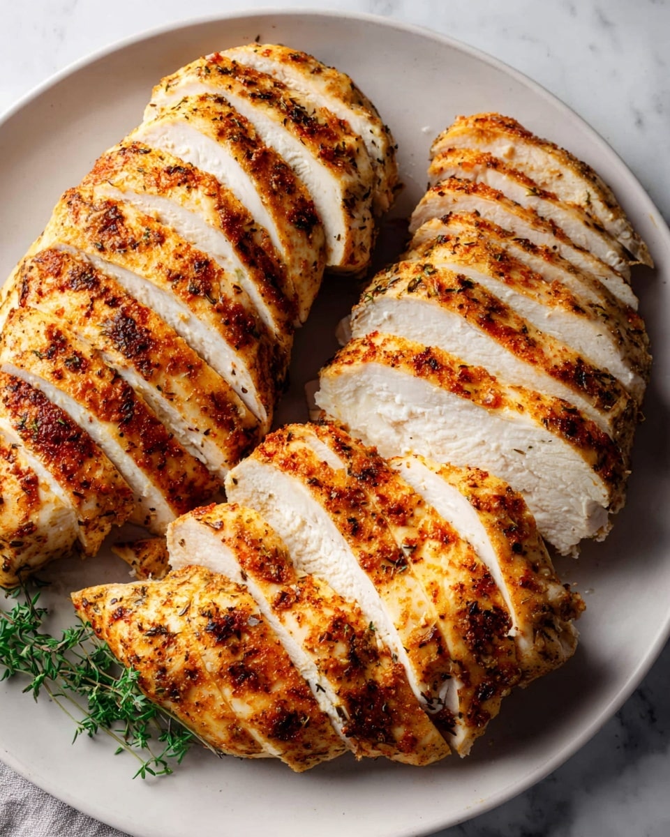 Four cooked chicken breasts are sliced and arranged side by side on a large white plate, lying on a white marbled surface. Each chicken breast has about 8 to 10 thick slices showing the white tender inside, with a golden-brown, seasoned outer layer that looks slightly crispy with visible herbs and spices. One chicken breast is cut with fewer sections while the others have more even, evenly spaced slices. A small green herb garnish sits near the bottom left corner of the plate, adding a touch of color. The lighting highlights the texture of the chicken and the contrast between the cooked crust and soft interior. Photo taken with an iphone --ar 4:5 --v 7