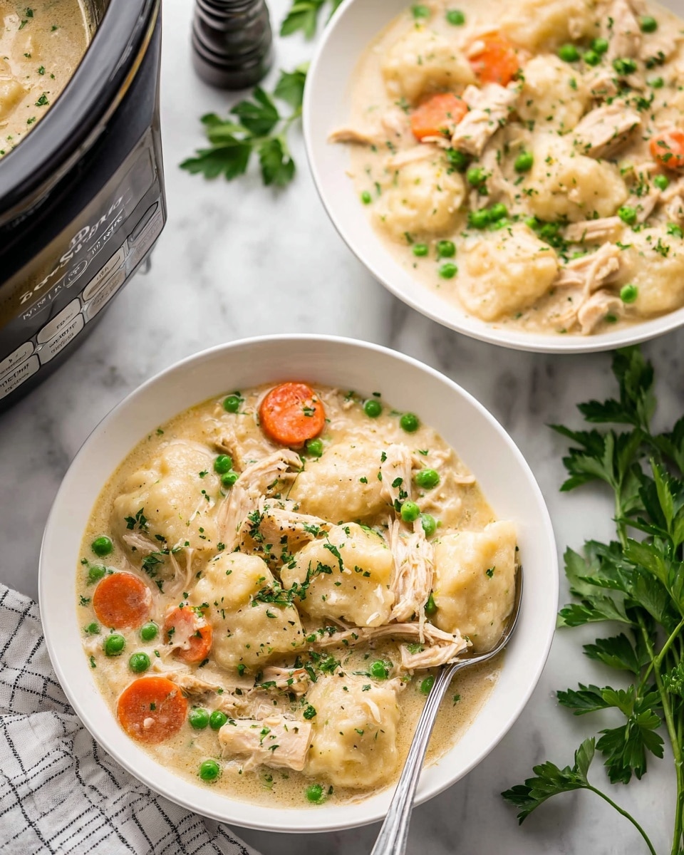 Two white bowls hold creamy chicken and dumplings soup, each showing soft beige dumplings floating in a thick, velvety, off-white broth mixed with shredded light brown chicken pieces, bright green peas, and sliced orange carrots. The soup is speckled with finely chopped green herbs. One bowl in the foreground has a silver spoon resting inside, partially submerged in the rich soup. Fresh green parsley lies around the bowls on a white marbled surface. A pepper shaker and part of a black slow cooker with a white striped cloth are visible nearby. The photo taken with an iphone --ar 4:5 --v 7