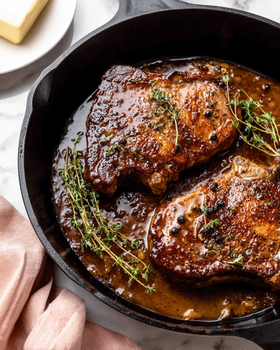 Two thick, juicy ribeye steaks with a crispy, dark brown sear layer cover most of a black cast iron skillet surface. Each steak has a small square of pale yellow butter melting on top. Around the steaks, there are green sprigs of fresh thyme lying directly on the skillet, adding contrast and a touch of freshness. The skillet sits on a white marbled textured surface with part of a white plate holding a stick of yellow butter visible in the upper left corner. Photo taken with an iphone --ar 4:5 --v 7