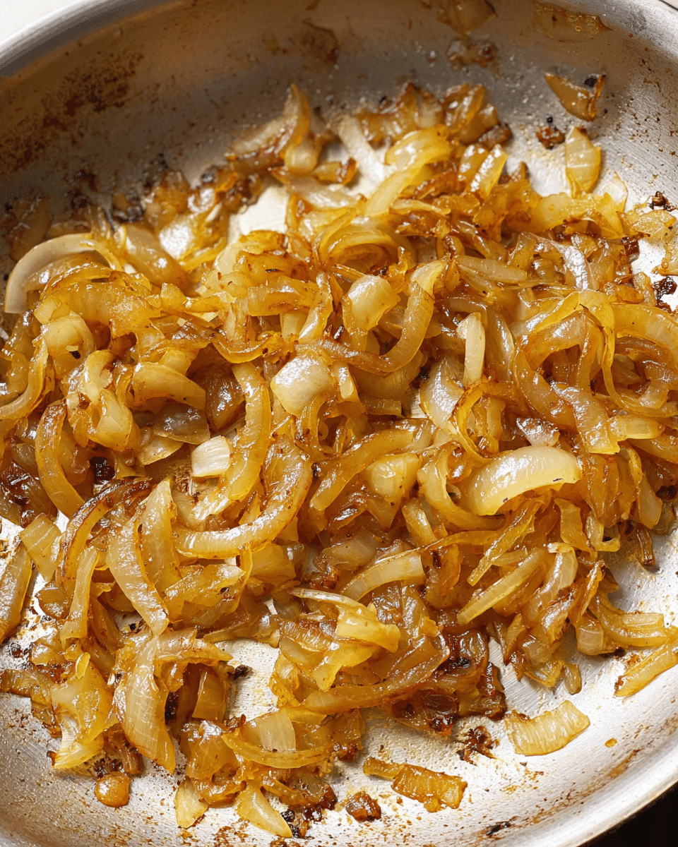 The image shows a close-up of caramelized onions in a silver pan. The onions are soft and translucent, with a golden brown color and some darker browned edges, showing the cooked sugar and seasoning. The onions are cut into thin slices and spread evenly across the bottom of the pan, with a shiny and slightly oily surface. The background and edges of the pan have some residue of cooked onion bits and oil, adding texture and depth to the image. photo taken with an iphone --ar 4:5 --v 7