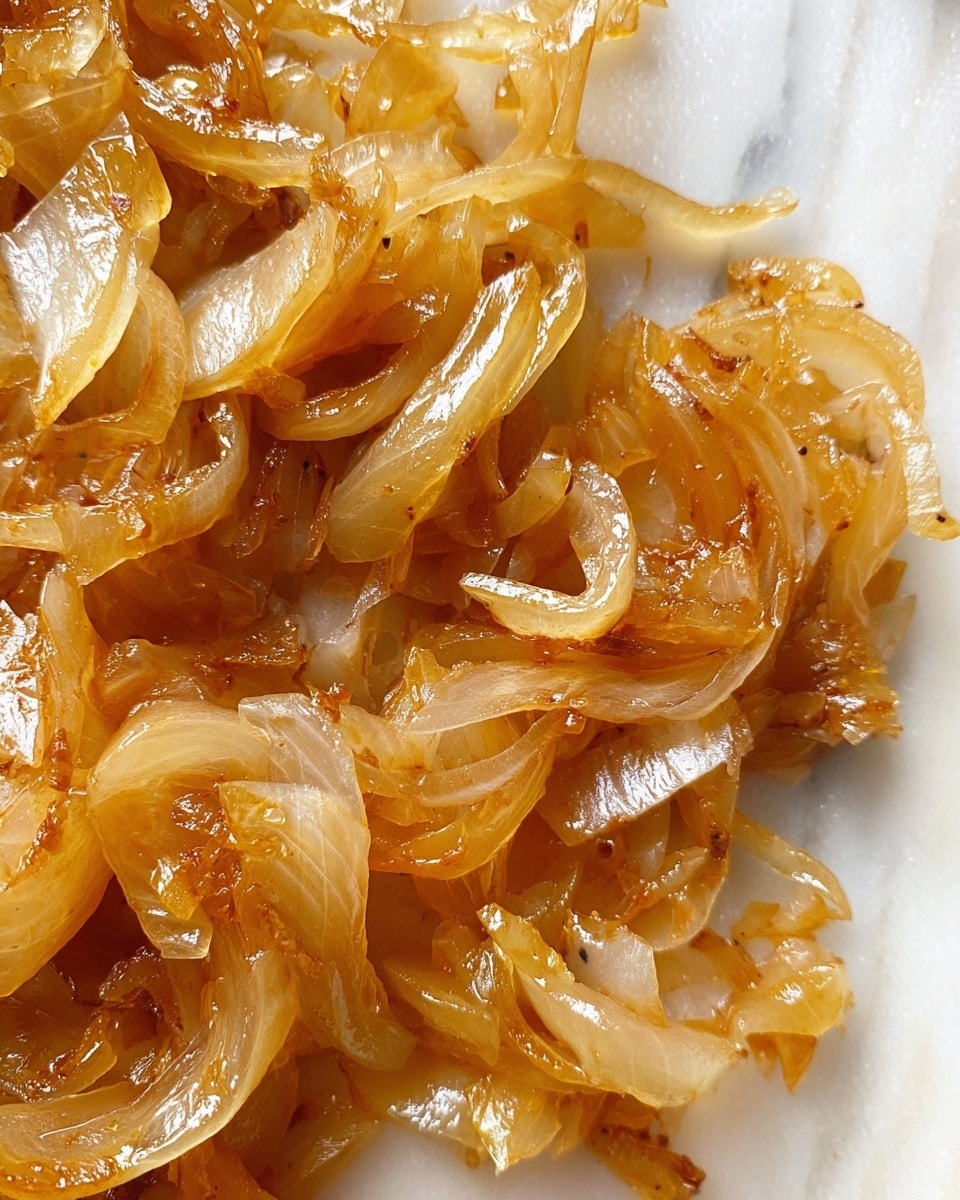 A close-up image of cooked caramelized onions showing soft, translucent layers with a golden-brown color. The onions appear glossy from the cooking oil and are slightly browned at the edges, giving a rich texture with some visible seasoning specks. The background is a smooth white marbled surface. photo taken with an iphone --ar 4:5 --v 7