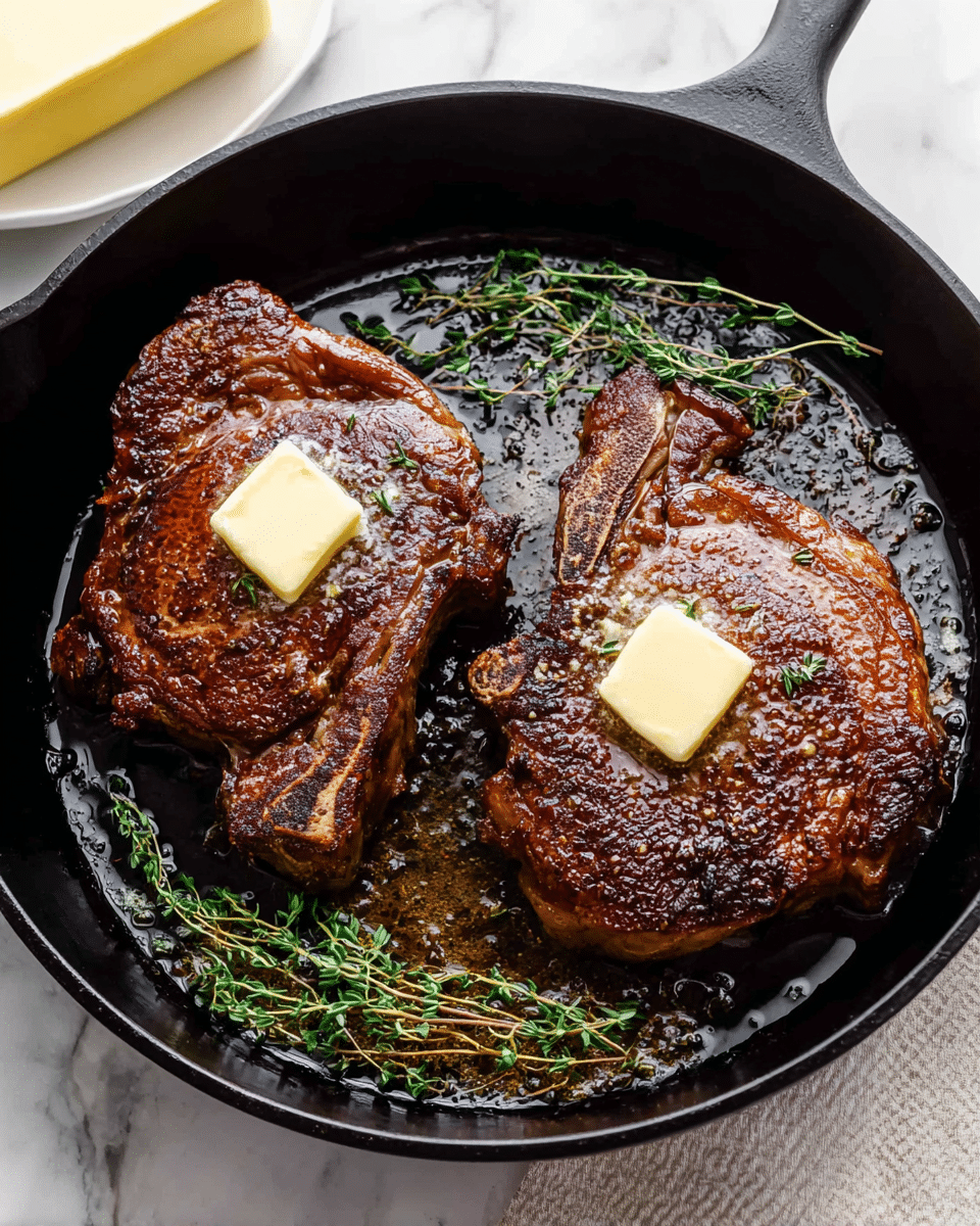 Two cooked steaks with a dark brown, slightly crispy texture on the top, each topped with a square piece of melting pale yellow butter. The steaks are in a black pan, surrounded by small bits of chopped garlic and sprinkled with tiny green herb pieces. There are three long, dark green rosemary sprigs arranged around the steaks. The pan rests on a white marbled surface. photo taken with an iphone --ar 4:5 --v 7